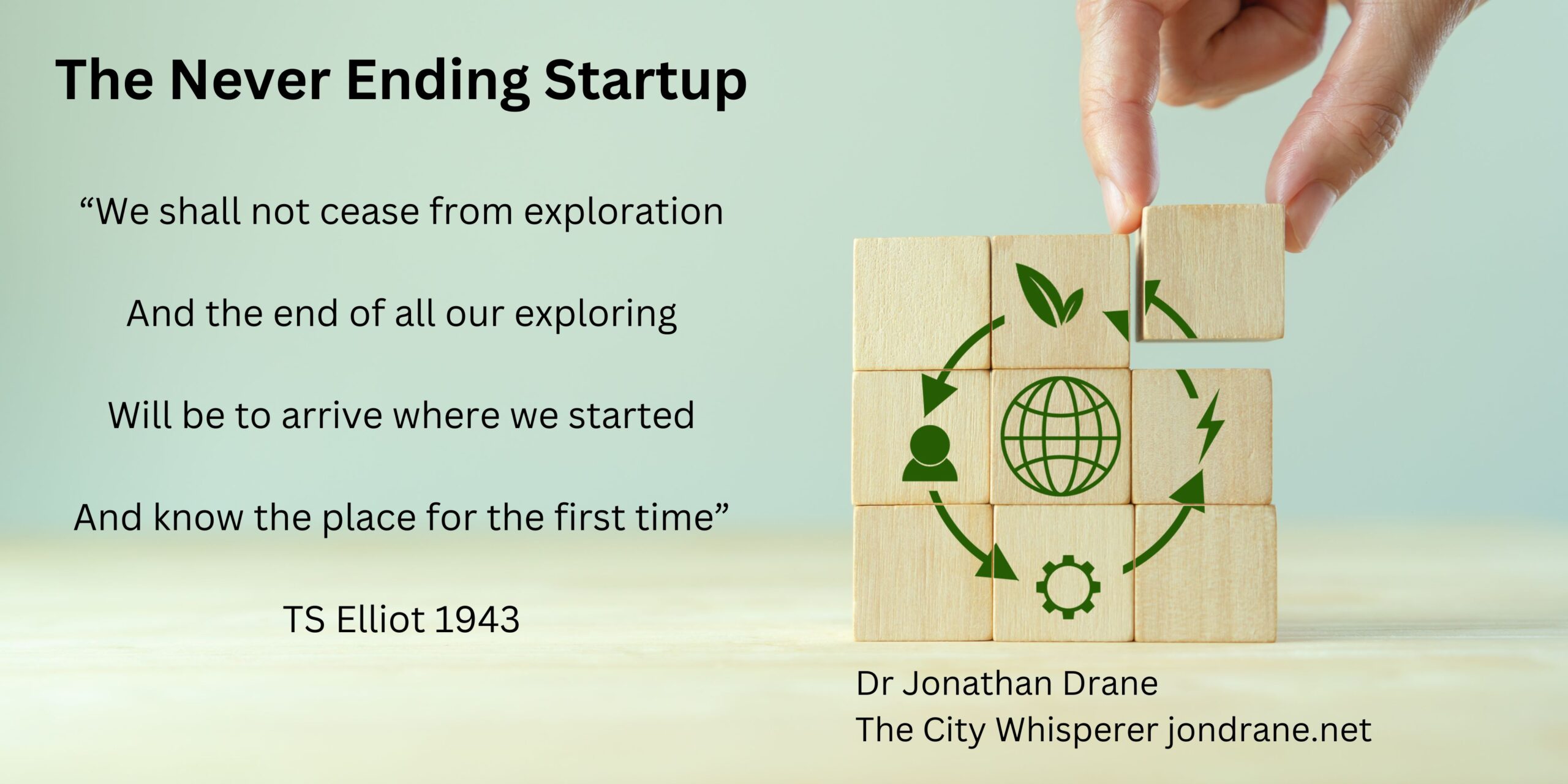 The Never Ending Startup Podcast by Dr Jon Drane The City Whisperer. on jondrane.net Startup journey and stories of longevity, “We shall not cease from exploration And the end of all our exploring Will be to arrive where we started And know the place for the first time” TS Elliot 1943