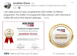 Linked in post on The soldier citizen research project by Dr Jon Drane