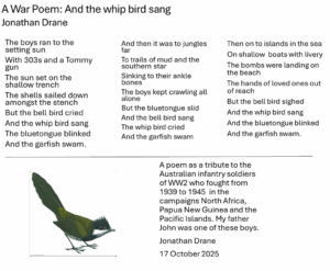 War poem: As the Whipbrid Sang by Dr Jon Drane